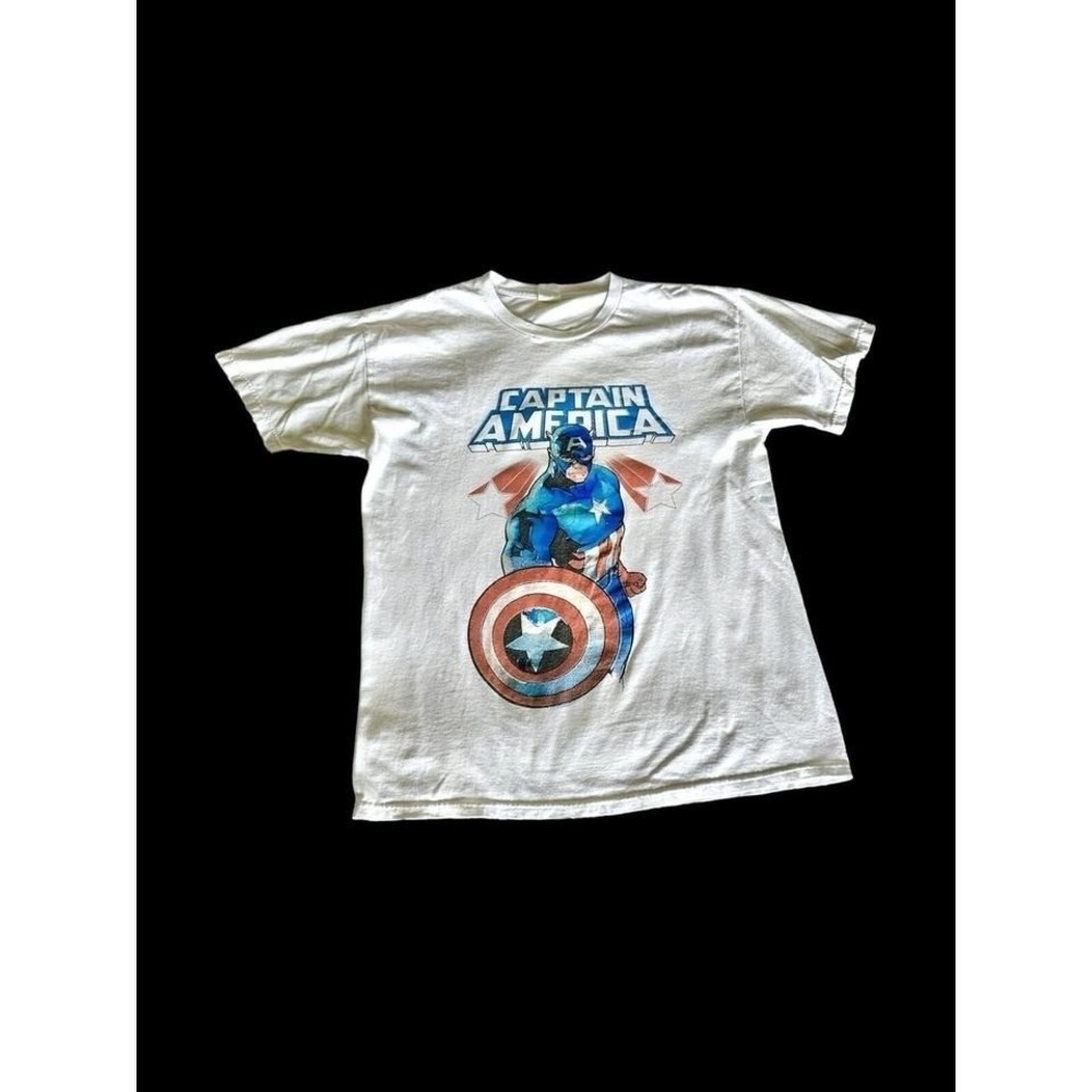 Vintage 2000's Captain America Shirt White Sz Large Distressed Marvel Gildan